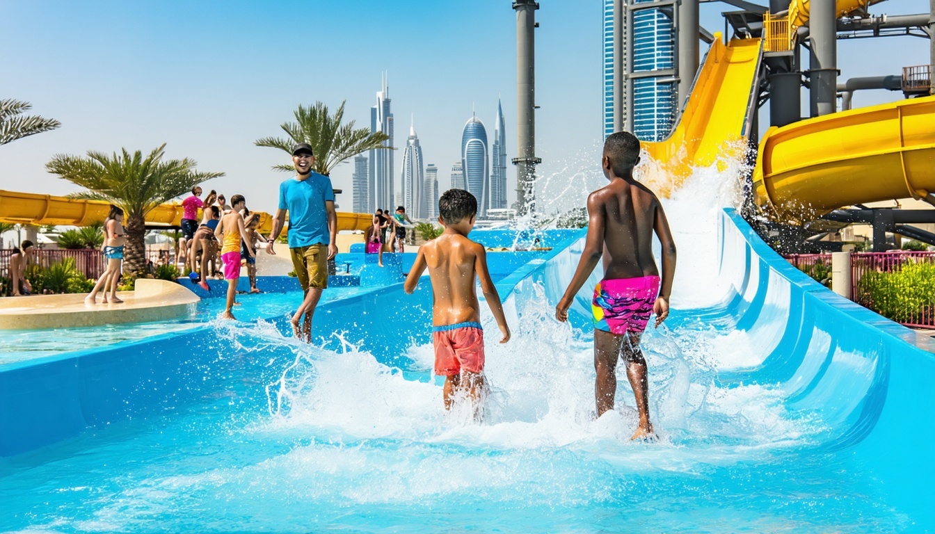 Families enjoying attractions at a Dubai water park