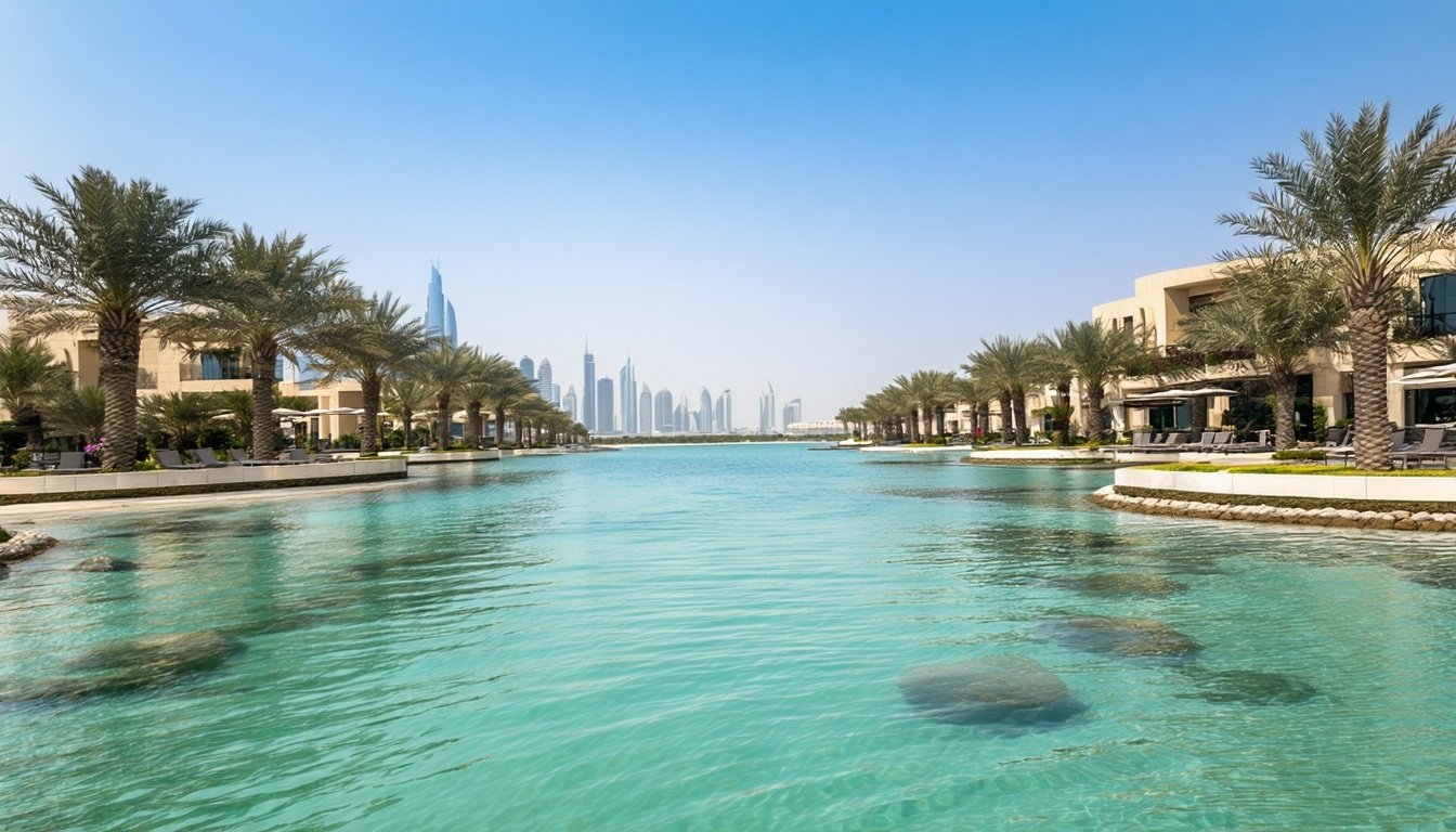 Relaxing lagoon area with palm trees in Dubai