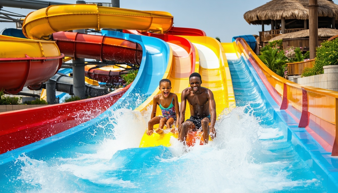 Family enjoying thrilling water slides at a Dubai water park